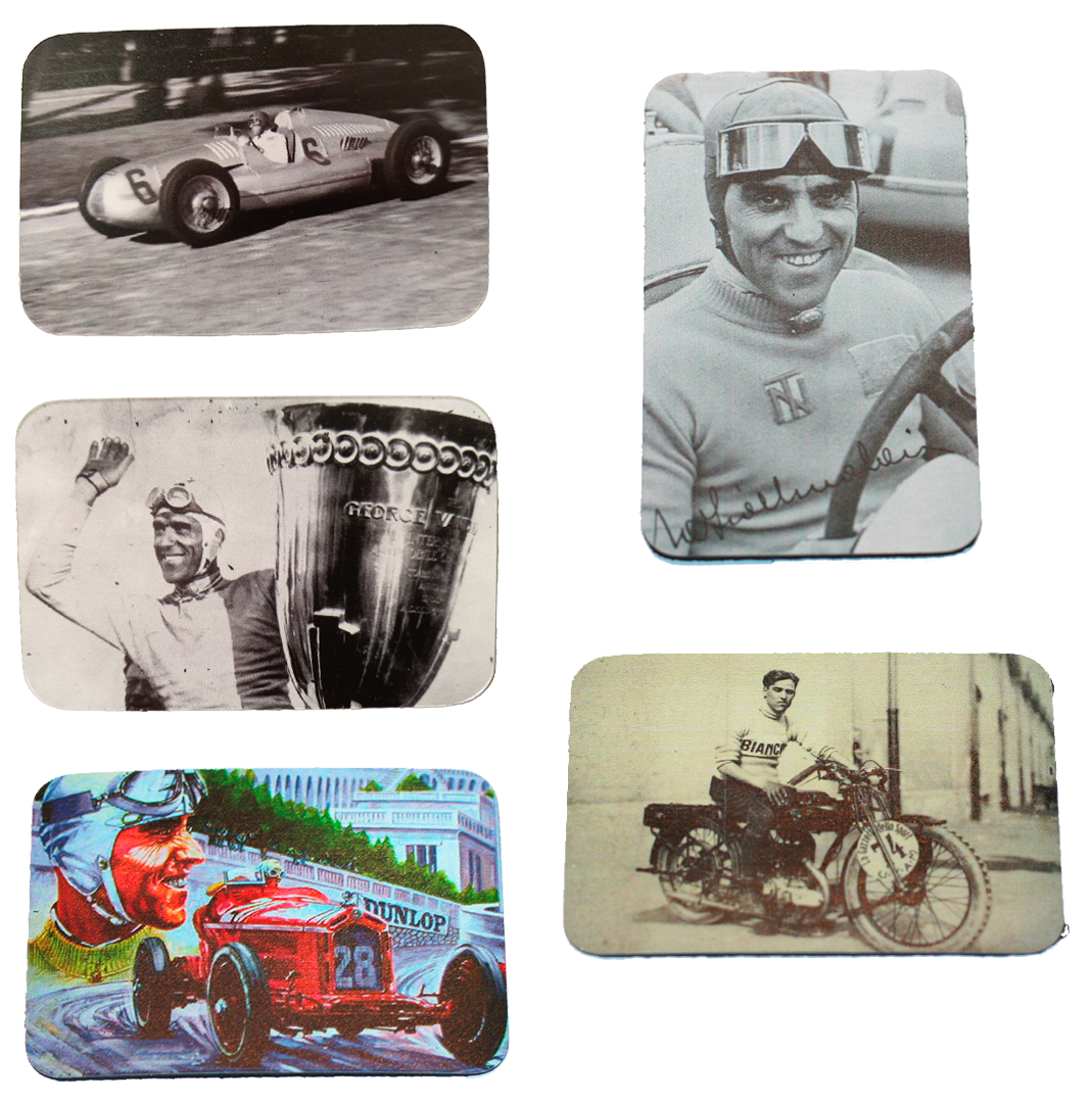 Set Museum magnets: Tazio in motorcycle, in car a color and black and white